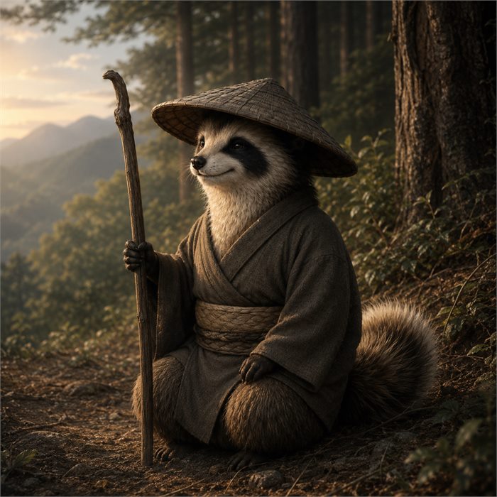 Der Tanuki mit Strohhut und Wanderstab