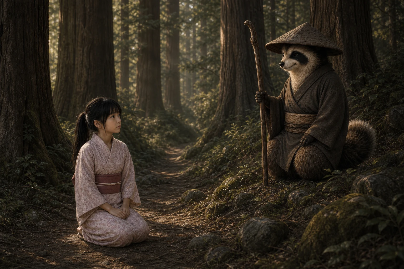 Lia begegnet dem Tanuki mit Strohhut zwischen alten Bäumen