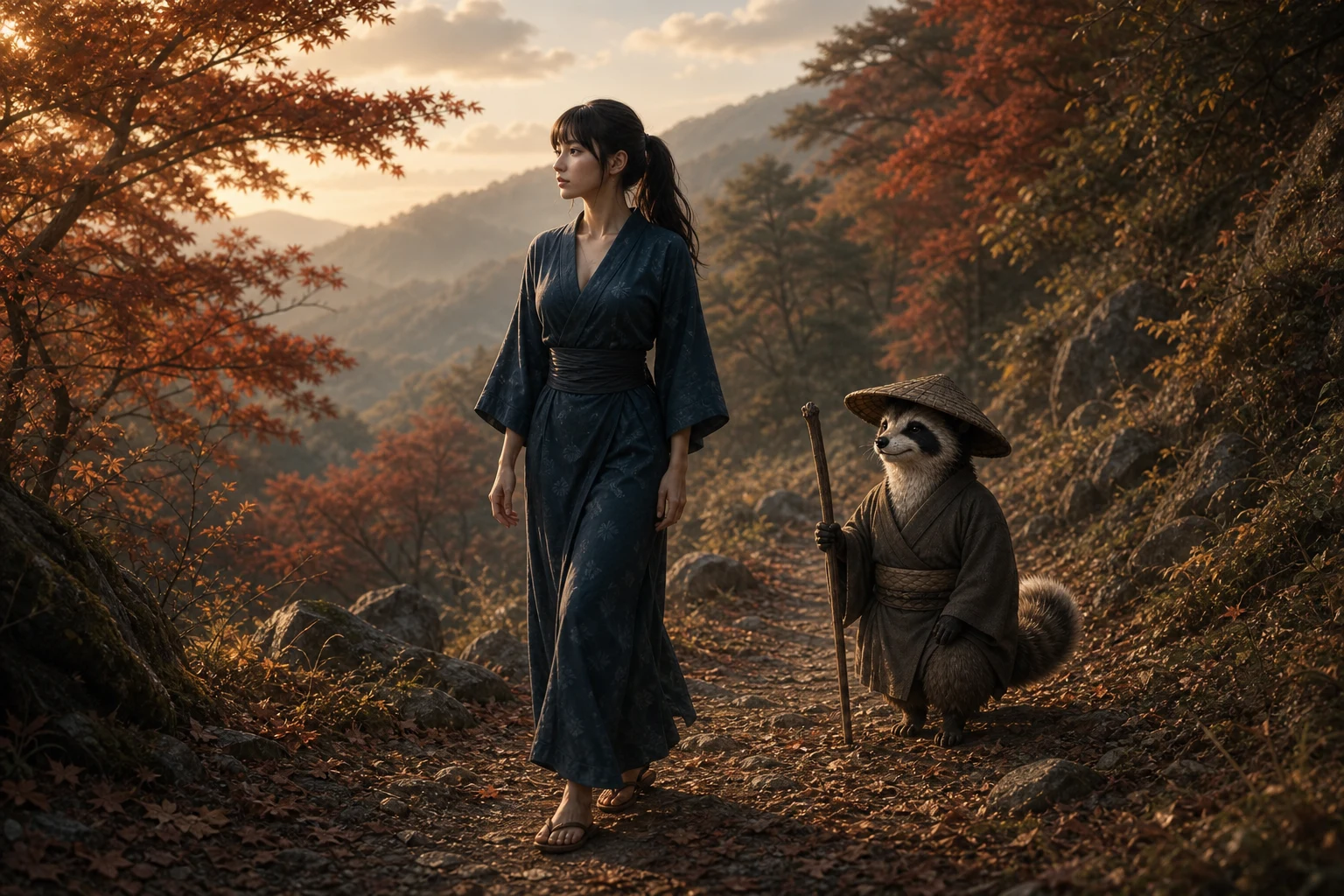 Lia folgt dem Tanuki auf einem herbstlichen Weg