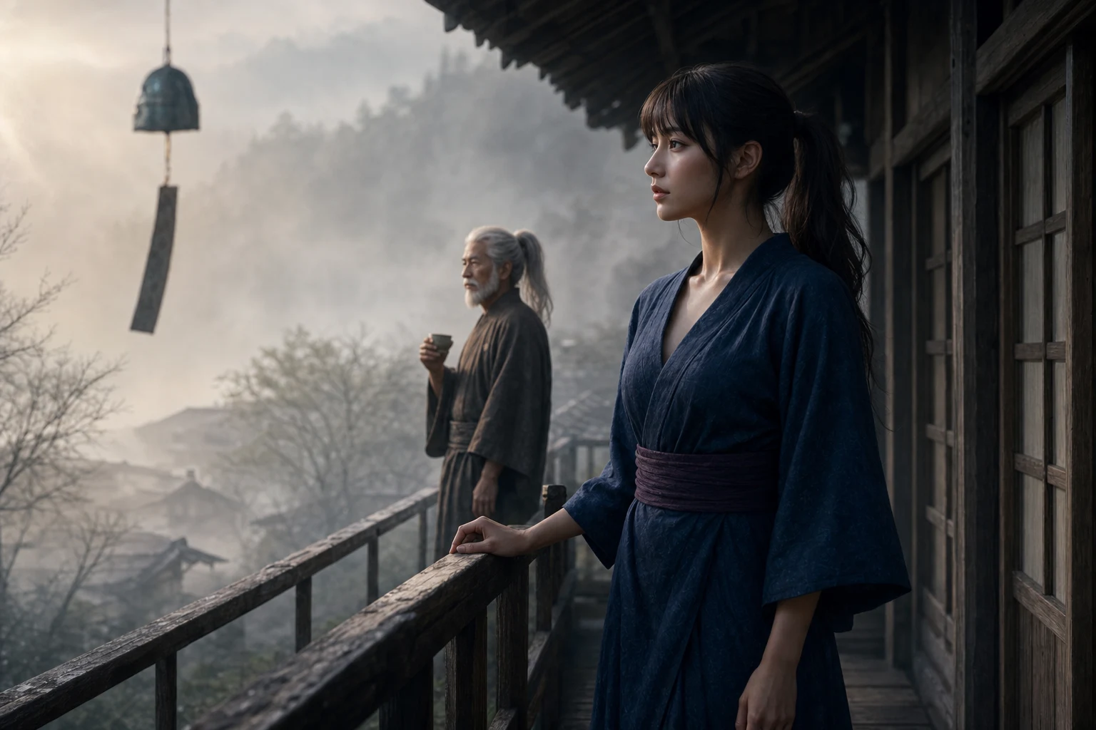 Die zwanzigjährige Lia und Hiroshi sehen das Dorf im dichten Morgennebel