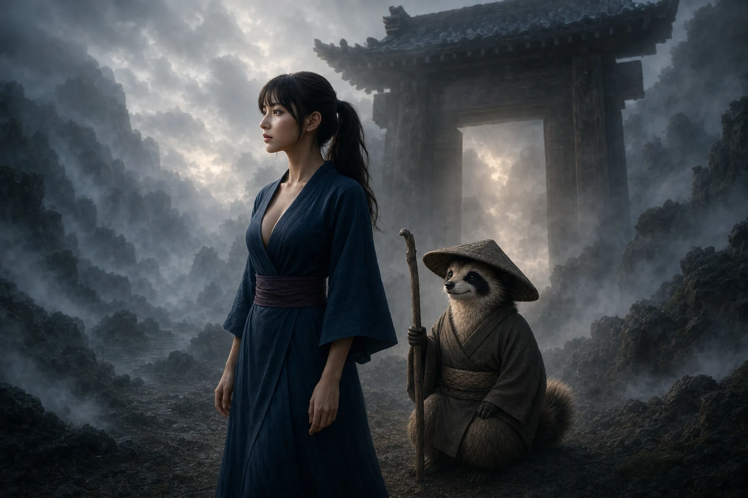 Lia und der Tanuki stehen vor einem rätselhaften Tor im Nebel